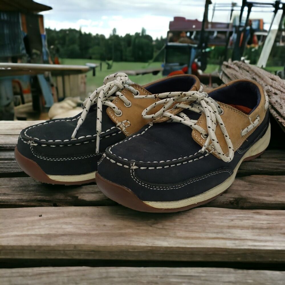 Rockport Women's Sailing Club Steel Toe Work Shoes RK670 Navy/Tan Size 7.5M
